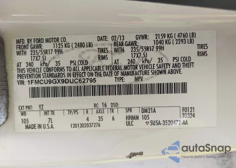 2013 Ford Escape Se z USA, uszkodzony, nr VIN 1FMCU9GX9DUC62795